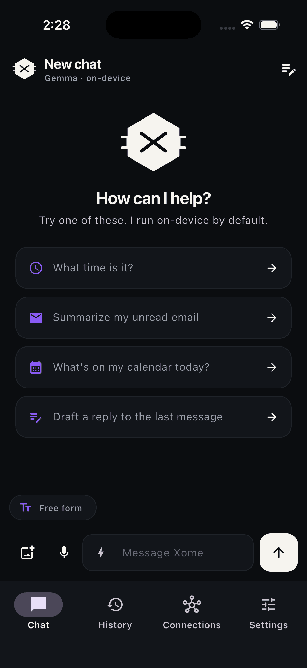 The Xome app on a phone, showing a chat where the agent has searched Slack and created GitHub issues for each unread mention.